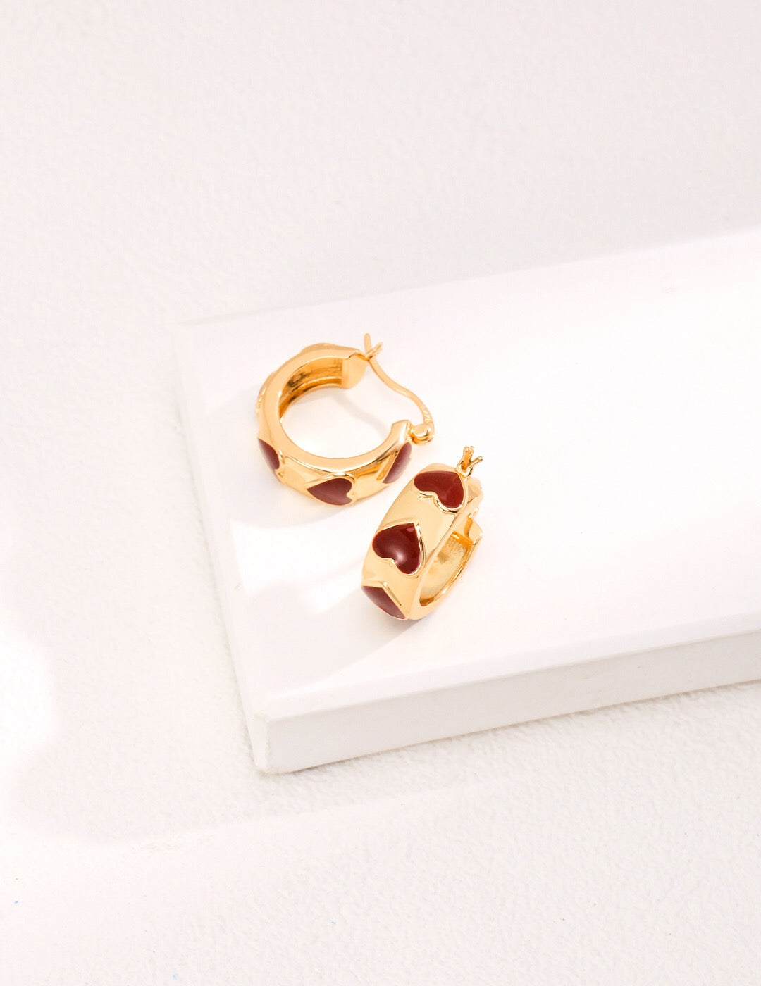 Charming Red Heart Glaze Earrings - Handmade Elegance in Sterling Silver and Gold Vermeil
